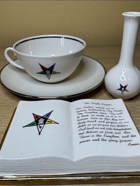 Vintage Masonic Eastern Star Ceramic Lot- Tea Set, Wall Plaque, Bud Vase